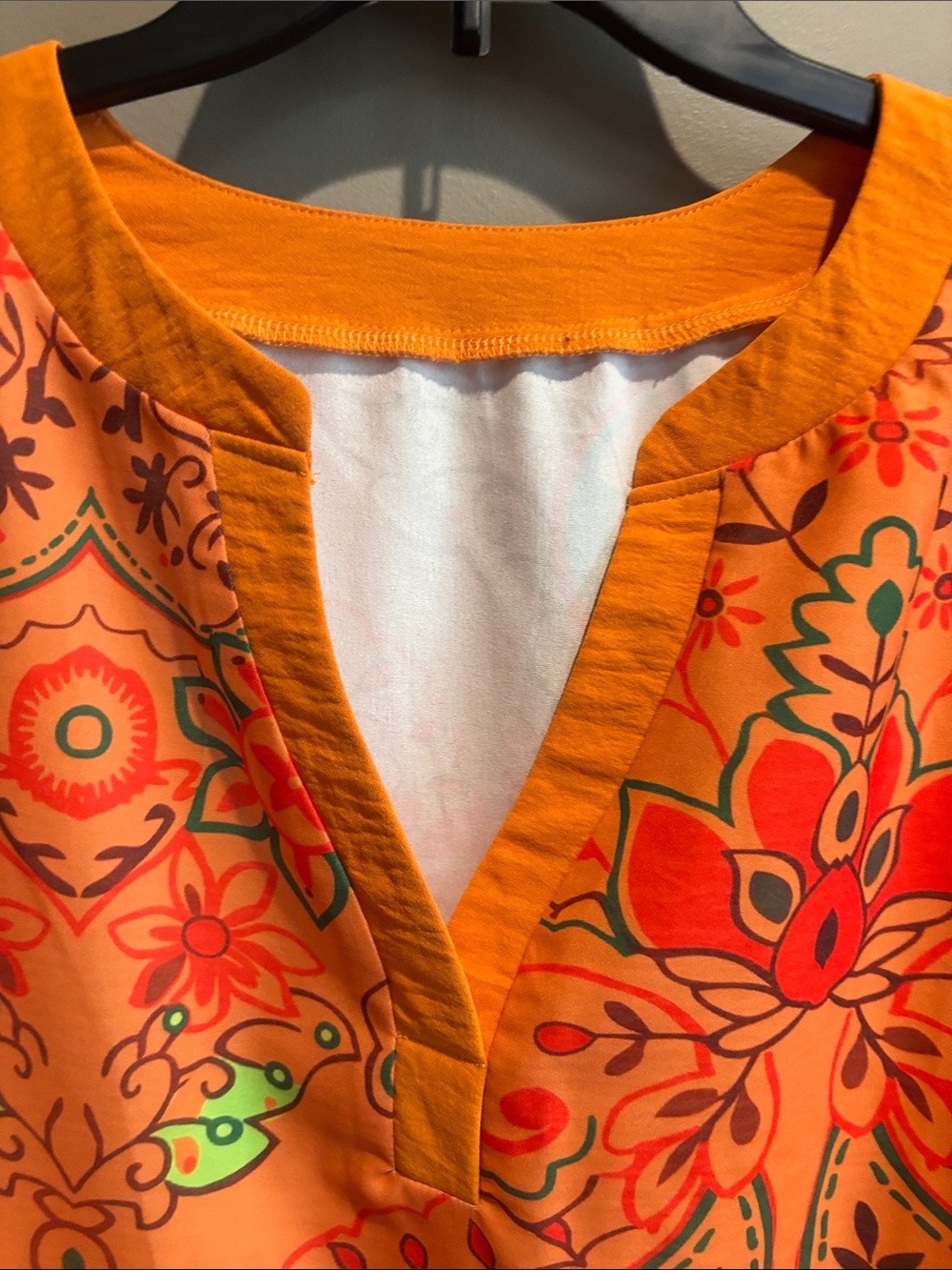 Women’s Orange Floral Split-Neck Top - Picture 3 of 4